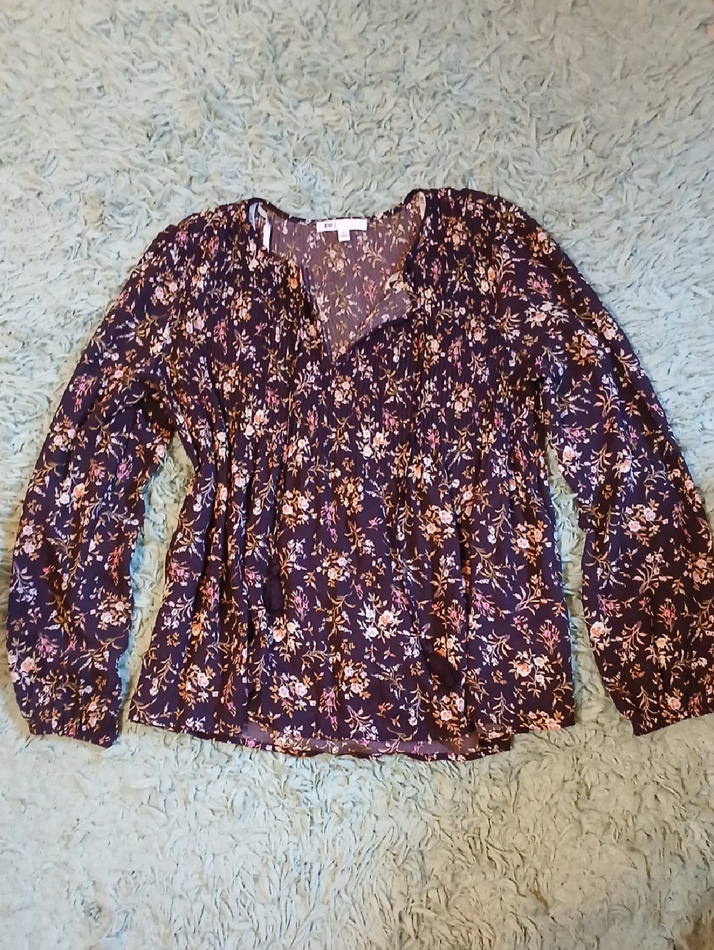 DR2 Plum Floral Split-Neck Long Sleeve Blouse